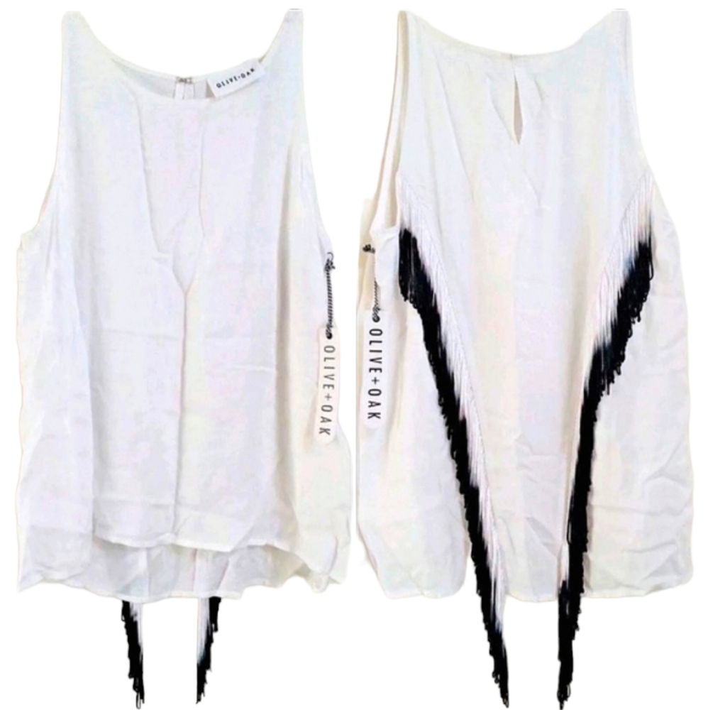 Olive + Oak Cowgirl Fringe B&W Tank NWT Spring Linen ANTHROPOLOGIE